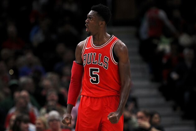 CHICAGO, IL - FEBRUARY 22:  Bobby Portis #5 of the Chicago Bulls reacts in the second quarter against the Philadelphia 76ers at the United Center on February 22, 2018 in Chicago, Illinois. NOTE TO USER: User expressly acknowledges and agrees that, by downloading and or using this photograph, User is consenting to the terms and conditions of the Getty Images License Agreement. (Dylan Buell/Getty Images)