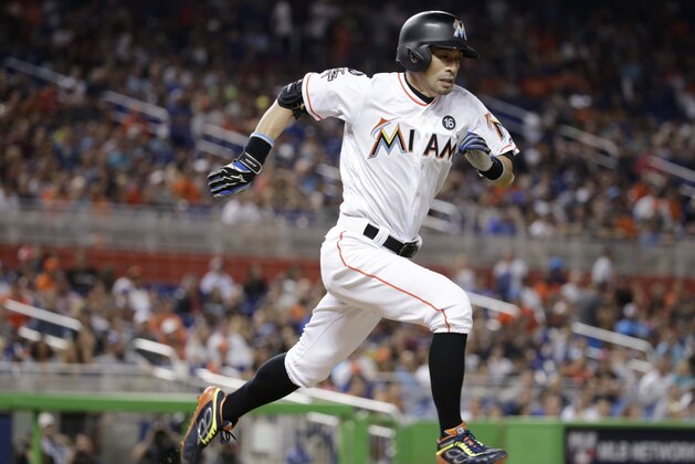 Miami Marlins' Ichiro Suzuki runs to first as he grounds out during the seventh inning of a baseball game against the Atlanta Braves, Saturday, Sept. 30, 2017, in Miami. The Marlins won 10-2. (AP Photo/Lynne Sladky)
