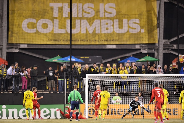 COLUMBUS, OH - MARCH 14:  Goalkeeper Steve Clark #1 of the Columbus Crew SC makes a save on a shot from Toronto FC in the second half on March 14, 2015 at MAPFRE Stadium in Columbus, Ohio. Columbus Crew SC defeated Toronto FC 2-0.  (Photo by Jamie Sabau/Getty Images)