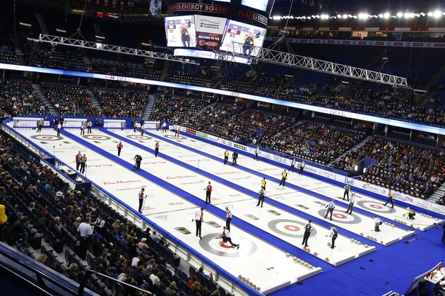 CALGARY, AB - MARCH 1: Draw 4 of the Canadian Men's Curling Championships takes place during the Tim Horton's Brier at the Scotiabank Saddledome on March 1, 2015 in Calgary, Alberta, Canada. (Photo by Todd Korol/Getty Images)