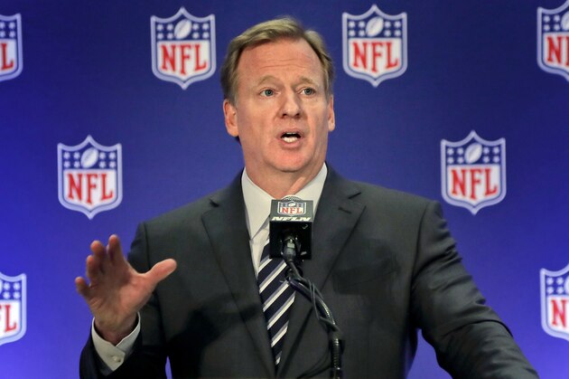 FILE - In this Oct. 18, 2017, file photo, NFL commissioner Roger Goodell speaks during a news conference in New York. The AP reported Nov. 3, 2017,  that a viral online story claiming Goodell had been ousted from his post leading the league was untrue. (AP Photo/Julie Jacobson, File)