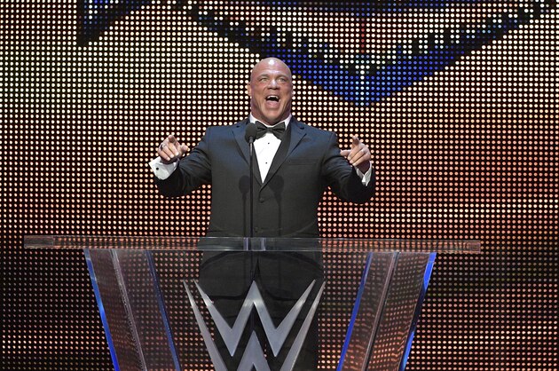 IMAGE DISTRIBUTED FOR WWE - Kurt Angle addresses the crowd after being inducted into the WWE Hall of Fame as part of the WrestleMania 33 weekend at a ceremony on Friday, March 31, 2017, in Orlando, Fla. (Phelan M. Ebenhack/AP Images for WWE)