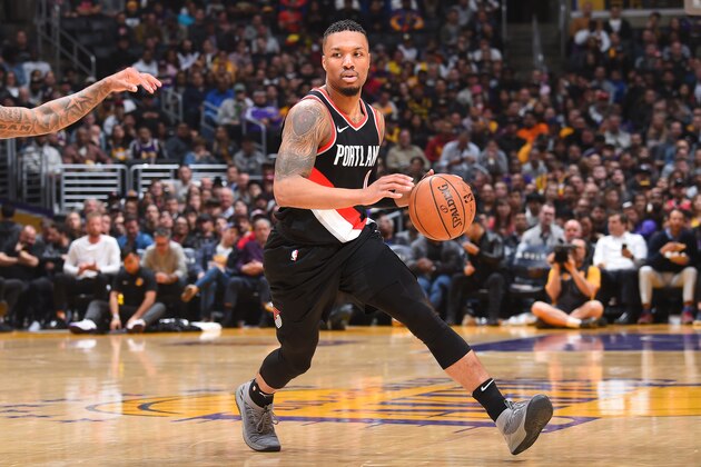 LOS ANGELES, CA - MARCH 5: Damian Lillard #0 of the Portland Trail Blazers handles the ball against the Los Angeles Lakers on March 5, 2018 at STAPLES Center in Los Angeles, California. NOTE TO USER: User expressly acknowledges and agrees that, by downloading and/or using this Photograph, user is consenting to the terms and conditions of the Getty Images License Agreement. Mandatory Copyright Notice: Copyright 2018 NBAE (Photo by Andrew D. Bernstein/NBAE via Getty Images)