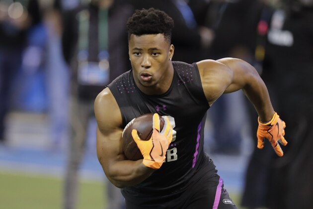 Penn State running back Saquon Barkley runs a drill during the NFL football scouting combine, Friday, March 2, 2018, in Indianapolis. (AP Photo/Darron Cummings) Penn State running back Saquon Barkley runs a drill during the NFL football scouting combine, Friday, March 2, 2018, in Indianapolis. (AP Photo/Darron Cummings)