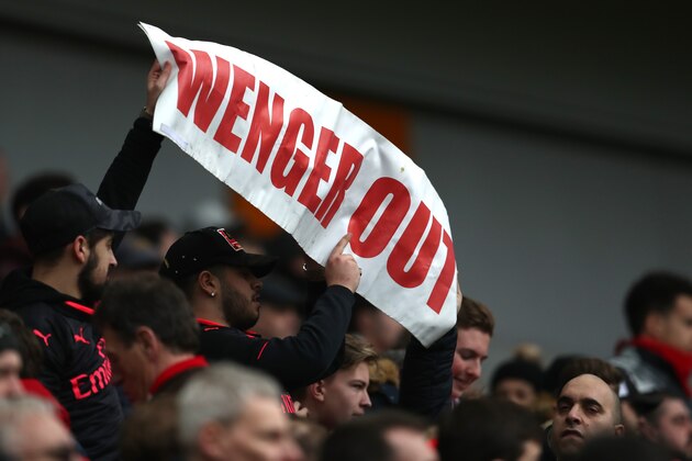 BRIGHTON, ENGLAND - MARCH 04:  Fans protest towards Arsene Wenger, Manager of Arsenal (not pictured) following the Premier League match between Brighton and Hove Albion and Arsenal at Amex Stadium on March 4, 2018 in Brighton, England.  (Photo by Catherine Ivill/Getty Images)
