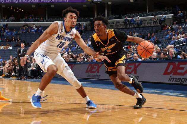 MEMPHIS, TN - NOVEMBER 25: Jalen Tate #5 of the Northern Kentucky Norse drives with the ball against David Nickelberry #15 of the Memphis Tigers on November 25, 2017 at FedExForum in Memphis, Tennessee. Memphis defeated Northern Kentucky 76-74. (Photo by Joe Murphy/Getty Images)