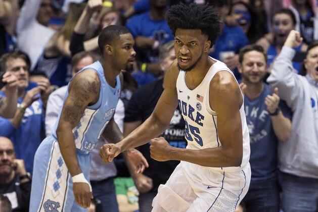 Duke's Marvin Bagley III (35) celebrates after a dunk during the second half of an NCAA college basketball game against North Carolina in Durham, N.C., Saturday, March 3, 2018. Duke won 74-64. (AP Photo/Ben McKeown)