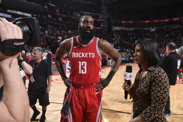 HOUSTON, TX - MARCH 3: James Harden #13 of the Houston Rockets speaks to media after game against the Boston Celtics on March 3, 2018 at the Toyota Center in Houston, Texas. NOTE TO USER: User expressly acknowledges and agrees that, by downloading and or using this photograph, User is consenting to the terms and conditions of the Getty Images License Agreement. Mandatory Copyright Notice: Copyright 2018 NBAE (Photo by Bill Baptist/NBAE via Getty Images)
