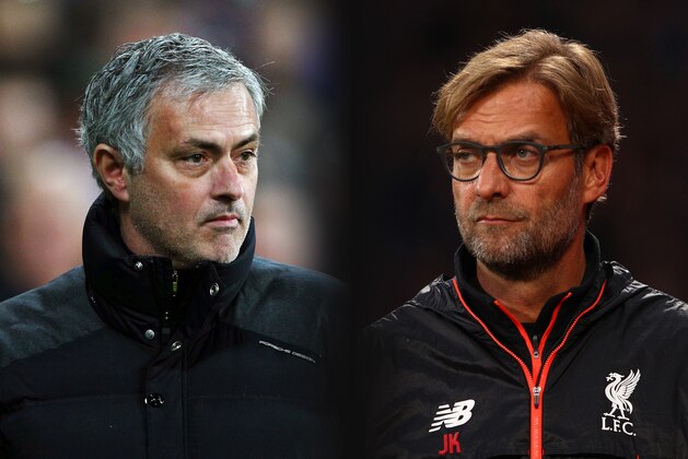 FILE PHOTO (EDITORS NOTE: GRADIENT ADDED - COMPOSITE OF TWO IMAGES - Image numbers (L) 630799888 and 619016290) In this composite image a comparision has been made between Jose Mourinho, Manager of Manchester United and Jurgen Klopp, Manager of Liverpool. Manchester United and Liverpool meet in a Premier League match on October 14,2017 at Anfield in Liverpool.   ***LEFT IMAGE*** STRATFORD, ENGLAND - JANUARY 02: Jose Mourinho, Manager of Manchester United looks on during the Premier League match between West Ham United and Manchester United at London Stadium on January 2, 2017 in Stratford, England. (Photo by Ian Walton/Getty Images) ***RIGHT IMAGE*** LONDON, ENGLAND - OCTOBER 29: Jurgen Klopp, Manager of Liverpool looks on during the Premier League match between Crystal Palace and Liverpool at Selhurst Park on October 29, 2016 in London, England. (Photo by Ian Walton/Getty Images)