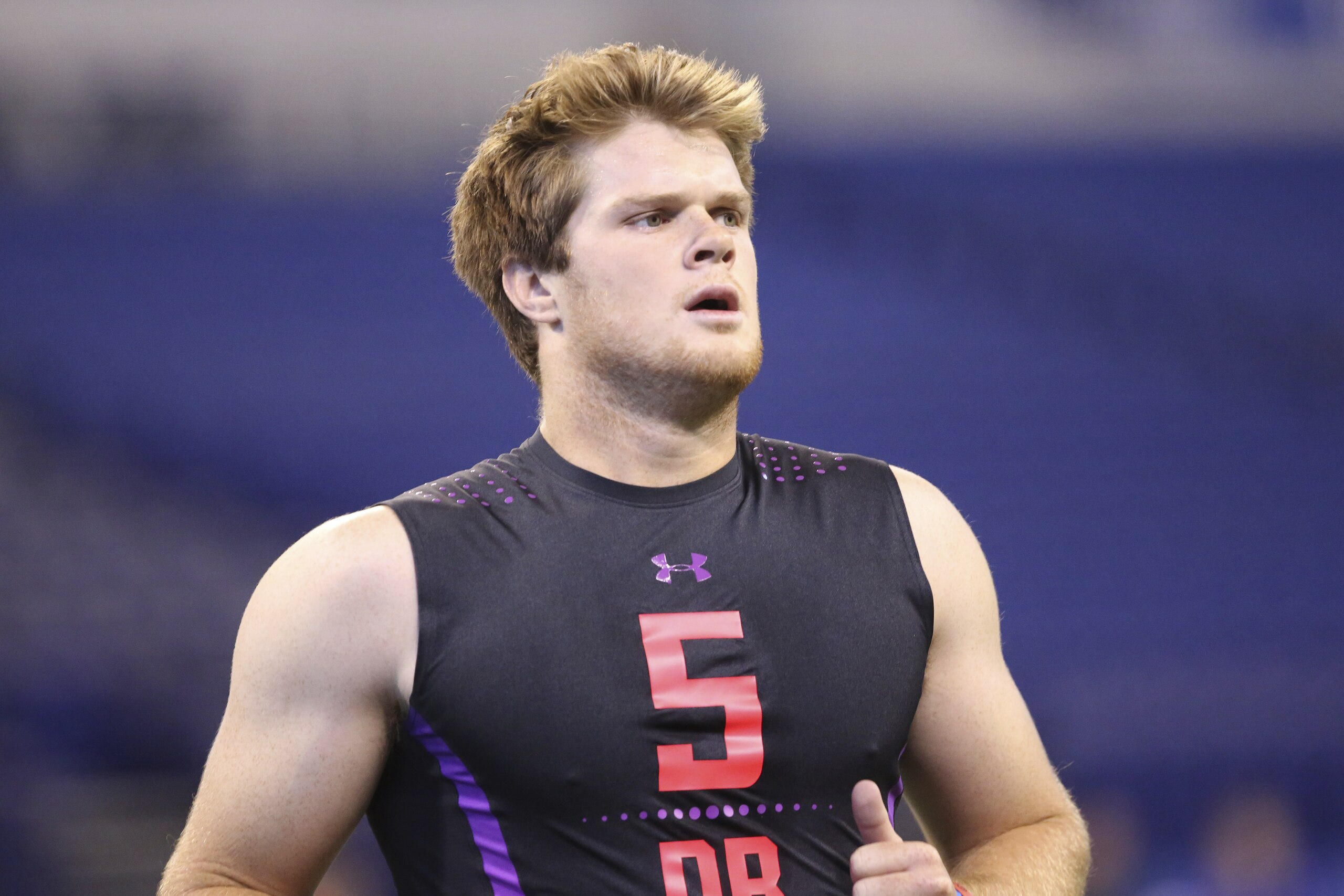 Southern California quarterback Sam Darnold is seen at the 2018 NFL Scouting Combine on Saturday, March 3, 2018, in Indianapolis. (AP Photo/Gregory Payan)