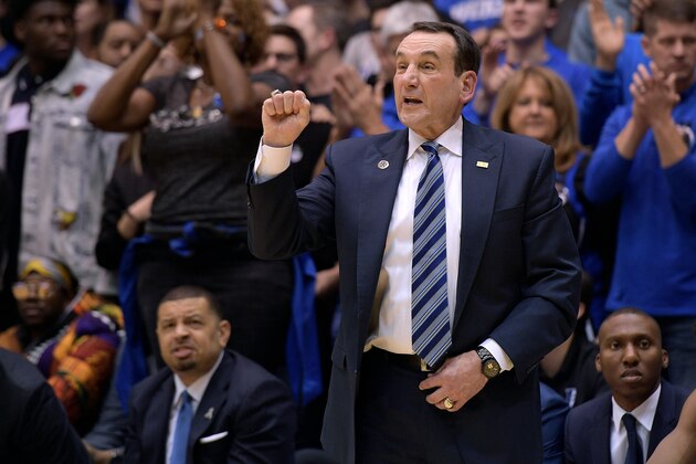 DURHAM, NC - MARCH 03: Head coach Mike Krzyzewski of the Duke Blue Devils directs his team against the North Carolina Tar Heels at Cameron Indoor Stadium on March 3, 2018 in Durham, North Carolina. Duke won 74-64. (Photo by Lance King/Getty Images)