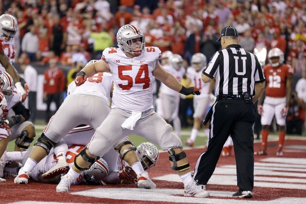 FILE - In this Dec. 2, 2017, file photo, Ohio State offensive lineman Billy Price celebrates during the first half of the Big Ten championship NCAA college football game against Wisconsin, in Indianapolis. Price was selected to the AP All-Conference Big Ten team announced Wednesday, Dec. 6, 2017. (AP Photo/Michael Conroy, File)