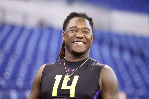 Central Florida linebacker Shaquem Griffin is seen at the 2018 NFL Scouting Combine on Sunday, March 4, 2018, in Indianapolis. (AP Photo/Gregory Payan)