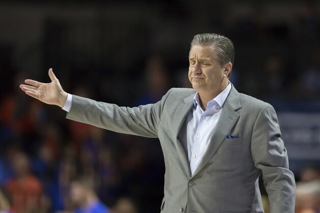 Kentucky head coach John Calipari shows his frustration during the first half of an NCAA college basketball game against Florida in Gainesville, Fla., Saturday, March 3, 2018. Florida won 80-67. (AP Photo/Ron Irby)