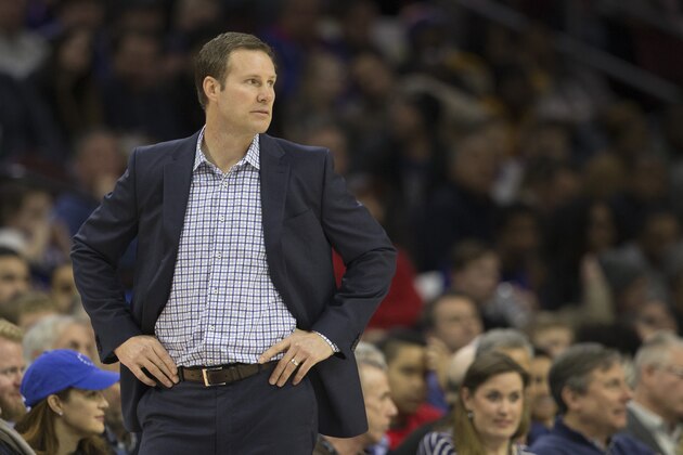 PHILADELPHIA, PA - JANUARY 24: Head coach Fred Hoiberg of the Chicago Bulls looks on in the second quarter against the Philadelphia 76ers at the Wells Fargo Center on January 24, 2018 in Philadelphia, Pennsylvania. The 76ers defeated the Bulls 115-101. NOTE TO USER: User expressly acknowledges and agrees that, by downloading and or using this photograph, User is consenting to the terms and conditions of the Getty Images License Agreement. (Photo by Mitchell Leff/Getty Images)