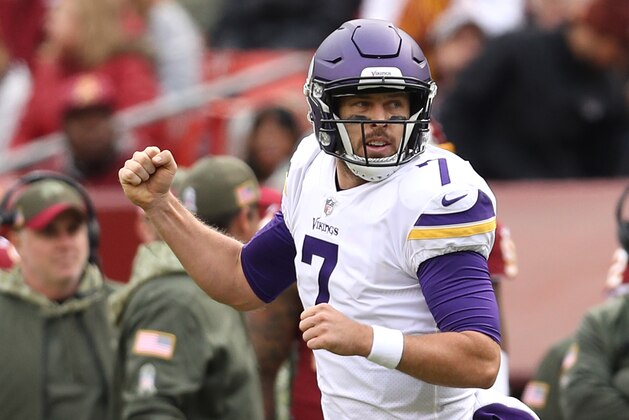 LANDOVER, MD - NOVEMBER 12: Quarterback Case Keenum #7 of the Minnesota Vikings celebrates after throwing a touchdown during the second quarter against the Washington Redskins at FedExField on November 12, 2017 in Landover, Maryland. (Photo by Patrick Smith/Getty Images)