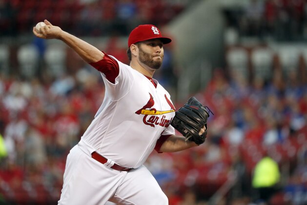 St. Louis Cardinals starting pitcher Lance Lynn throws during the first inning of a baseball game against the Chicago Cubs Thursday, Sept. 28, 2017, in St. Louis. (AP Photo/Jeff Roberson)