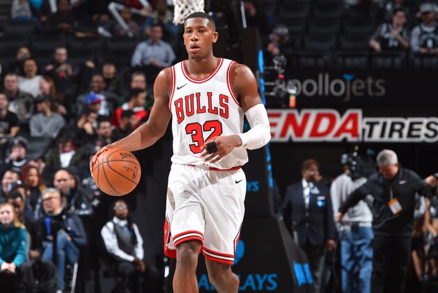 BROOKLYN, NY - FEBRUARY 26 : Kris Dunn #32 of the Chicago Bulls controls the ball against the Brooklyn Nets on February 26,2018 at Barclays Center in Brooklyn, New York on Drazen Petrovic night. NOTE TO USER: User expressly acknowledges and agrees that, by downloading and or using this Photograph, user is consenting to the terms and conditions of the Getty Images License Agreement. Mandatory Copyright Notice: Copyright 2018 NBAE (Photo by Jesse D. Garrabrant/NBAE via Getty Images)