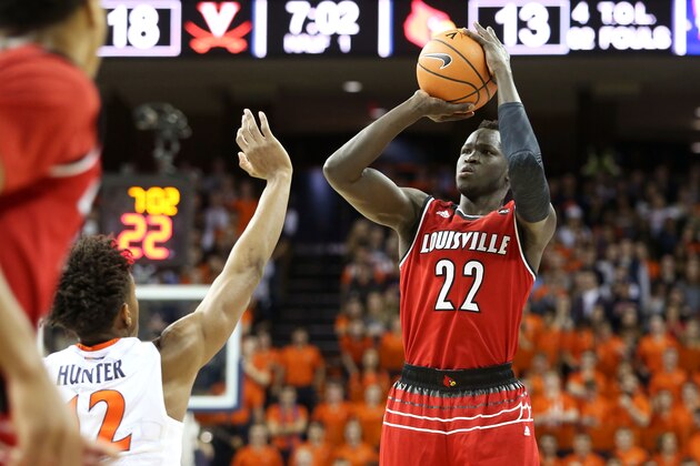 CHARLOTTESVILLE, VA - January 31: Deng Adel #22 of the Louisville Cardinals shoots in the first half during a game against the Virginia Cavaliers at John Paul Jones Arena on January 31, 2018 in Charlottesville, Virginia. (Photo by Ryan M. Kelly/Getty Images)