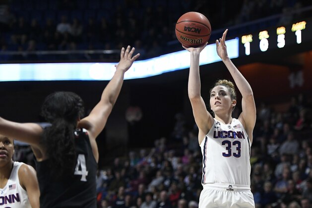 Connecticut's Katie Lou Samuelson makes a basket as Cincinnati's Angel Rizor, left, defends, during the first half of an NCAA college basketball game in the American Athletic Conference tournament semifinals at Mohegan Sun Arena, Monday, March 5, 2018, in Uncasville, Conn. (AP Photo/Jessica Hill) Connecticut's Katie Lou Samuelson makes a basket as Cincinnati's Angel Rizor, left, defends, during the first half of an NCAA college basketball game in the American Athletic Conference tournament semifinals at Mohegan Sun Arena, Monday, March 5, 2018, in Uncasville, Conn. (AP Photo/Jessica Hill)