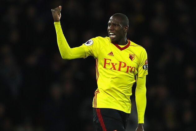 WATFORD, ENGLAND - NOVEMBER 28:  Abdoulaye Doucoure of Watford celebrates scoring the 2nd Watford goal during the Premier League match between Watford and Manchester United at Vicarage Road on November 28, 2017 in Watford, England.  (Photo by Richard Heathcote/Getty Images)