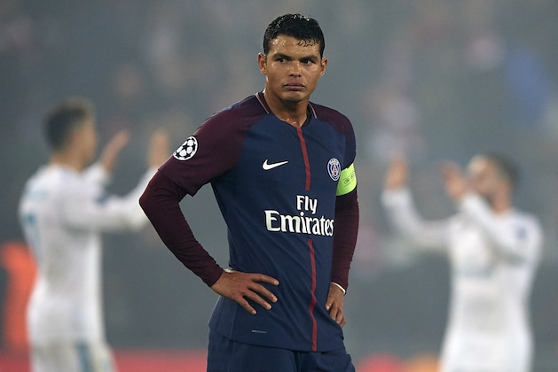 PARIS, FRANCE - MARCH 06:  Thiago Silva of Paris Saint-Germain reacts at the end of the UEFA Champions League Round of 16 Second Leg match between     Paris Saint-Germain and Real Madrid at Parc des Princes on March 6, 2018 in Paris, France.  (Photo by Manuel Queimadelos Alonso/Getty Images)
