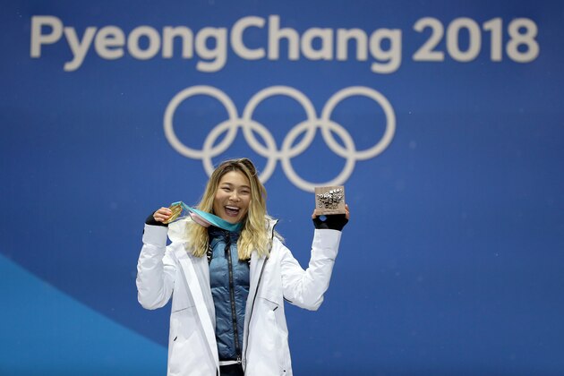 PYEONGCHANG-GUN, SOUTH KOREA - FEBRUARY 13:  Gold medalist Chloe Kim of the United States poses during the medal ceremony for the Snowboard Ladies' Halfpipe Final on day four of the PyeongChang 2018 Winter Olympic Games at Medal Plaza on February 13, 2018 in Pyeongchang-gun, South Korea.  (Photo by Sean M. Haffey/Getty Images)