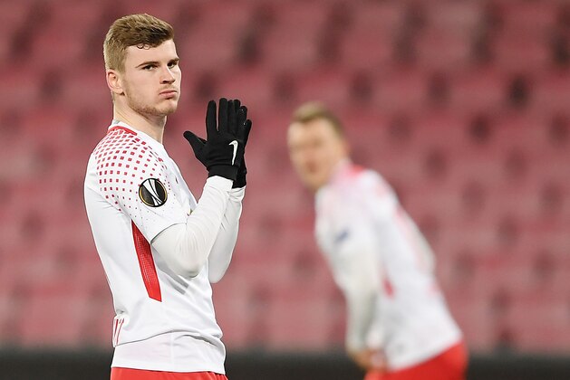 NAPLES, ITALY - FEBRUARY 15:  Timo Werner of RB Leipzig in action during UEFA Europa League Round of 32 match between Napoli and RB Leipzig at the Stadio San Paolo on February 15, 2018 in Naples, Italy.  (Photo by Francesco Pecoraro/Getty Images)