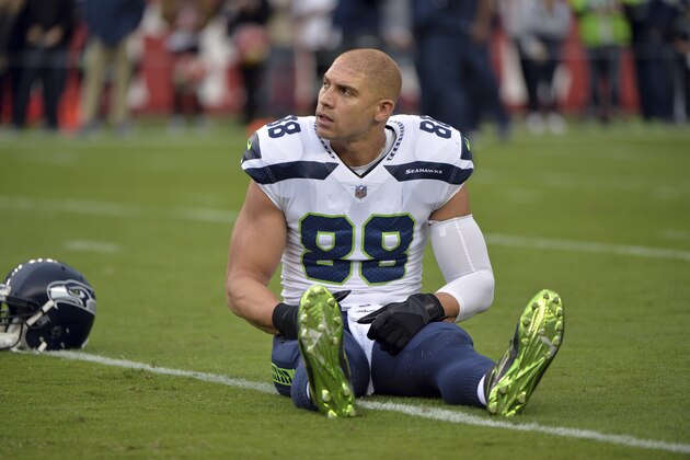 Seattle Seahawks tight end Jimmy Graham (88) warms up before an NFL football game against the San Francisco 49ers Sunday, Nov. 26, 2017, in Santa Clara, Calif. (AP Photo/Don Feria)