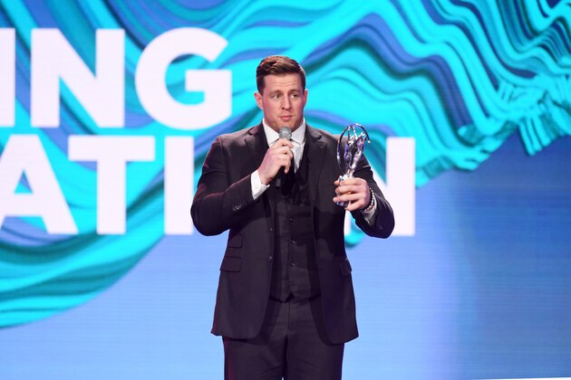 MONACO - FEBRUARY 27:  Winner JJ Watt of the Laureus Sporting inspiration award speaks on stage during the 2018 Laureus World Sports Awards show at Salle des Etoiles, Sporting Monte-Carlo on February 27, 2018 in Monaco, Monaco.  (Photo by Stuart C. Wilson/Getty Images for Laureus)