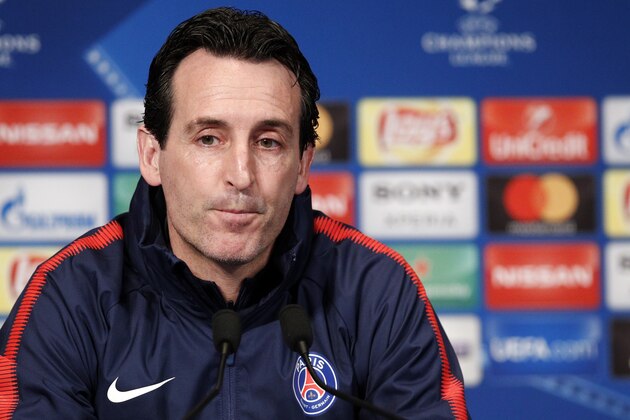 PSG's head coach Unai Emery attends a press conference at the eve of the Champions League Round of 16 second leg soccer match between Paris Saint Germain and Real Madrid at the Parc des Princes stadium, in Paris, Monday, March. 5, 2018. (AP Photo/Francois Mori)