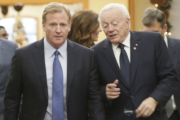 NLF Commissioner Roger Goodell, left, walks with Dallas Cowboys owner Jerry Jones during the NFL owners winter meeting in Irving, Texas, Wednesday, Dec. 13, 2017. (AP Photo/LM Otero)