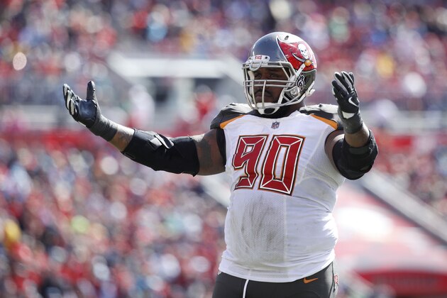 TAMPA, FL - OCTOBER 29: Chris Baker #90 of the Tampa Bay Buccaneers looks on during a game against the Carolina Panthers at Raymond James Stadium on October 29, 2017 in Tampa, Florida. The Panthers defeated the Bucs 17-3. (Photo by Joe Robbins/Getty Images)
