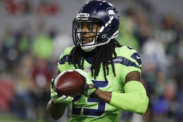 Seattle Seahawks cornerback Richard Sherman (25) during an NFL football game against the Arizona Cardinals, Thursday, Nov. 9, 2017, in Glendale, Ariz. (AP Photo/Rick Scuteri)