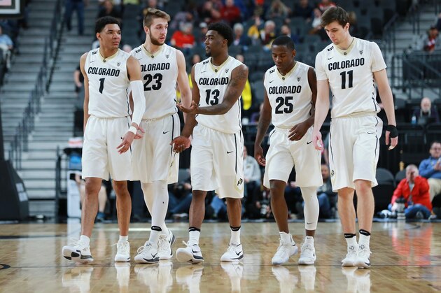 LAS VEGAS, NV - MARCH 07:  The Colorado Buffaloes take the court after a time out against the Arizona State Sun Devils during a first-round game of the Pac-12 basketball Tournament at T-Mobile Arena on March 7, 2018 in Las Vegas, Nevada.  (Photo by Leon Bennett/Getty Images)