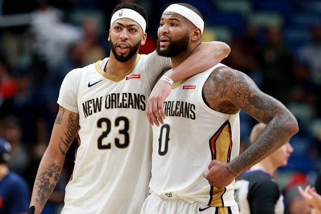 NEW ORLEANS, LA - JANUARY 22:  Anthony Davis #23 of the New Orleans Pelicans and DeMarcus Cousins #0 of the New Orleans Pelicans walk of the court during a NBA game against the Chicago Bulls at the Smoothie King Center on January 22, 2018 in New Orleans, Louisiana. NOTE TO USER: User expressly acknowledges and agrees that, by downloading and or using this photograph, User is consenting to the terms and conditions of the Getty Images License Agreement.  (Photo by Sean Gardner/Getty Images)