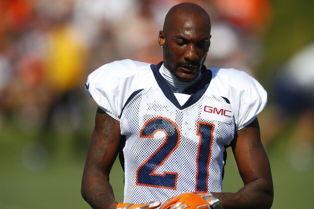 Denver Broncos cornerback Aqib Talib (21) during drills at an NFL football camp Wednesday, Aug. 2, 2017, in Englewood, Colo. (AP Photo/David Zalubowski)