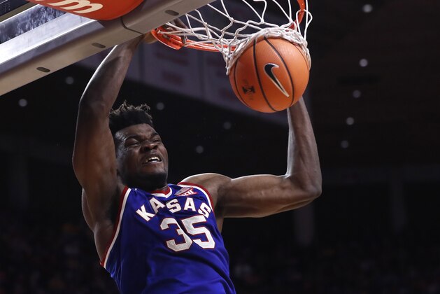 AMES, IA - FEBRUARY 13: Udoka Azubuike #35 of the Kansas Jayhawks dunks the ball in the second half of play against the Iowa State Cyclones at Hilton Coliseum on February 13, 2018 in Ames, Iowa. The Kansas Jayhawks won 83-77 over the Iowa State Cyclones. (Photo by David K Purdy/Getty Images)