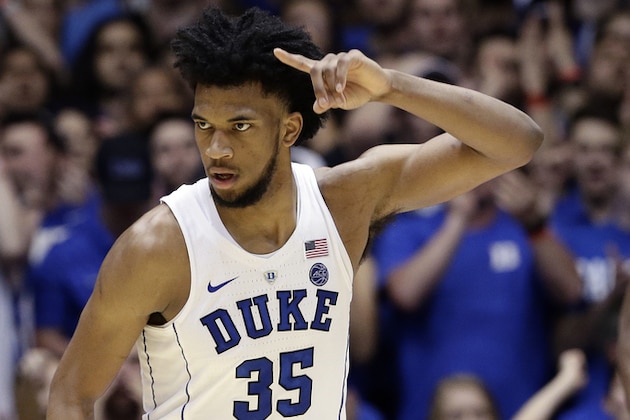 Duke's Marvin Bagley III (35) reacts following a basket against Syracuse during the second half of an NCAA college basketball game in Durham, N.C., Saturday, Feb. 24, 2018. (AP Photo/Gerry Broome)