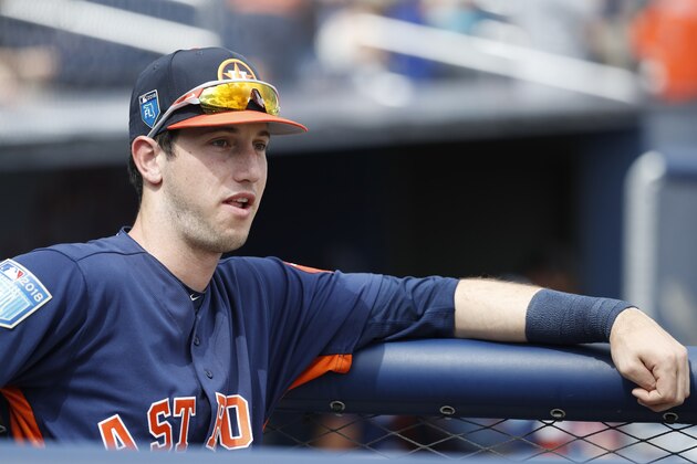 WEST PALM BEACH, FL - FEBRUARY 26: Kyle Tucker #79 of the Houston Astros looks on prior to a Grapefruit League spring training game against the New York Mets at The Ballpark of the Palm Beaches on February 26, 2018 in West Palm Beach, Florida. The Astros won 8-7. (Photo by Joe Robbins/Getty Images)