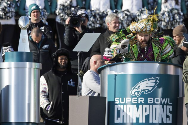 Philadelphia Eagles center Jason Kelce speaks in front of the Philadelphia Museum of Art after a Super Bowl victory parade for the Philadelphia Eagles football team, Thursday, Feb. 8, 2018, in Philadelphia. The Eagles beat the New England Patriots 41-33 in Super Bowl 52. (AP Photo/Alex Brandon)