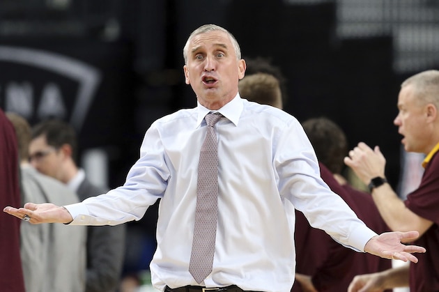 Arizona State head coach Bobby Hurley questions a call during the second half of an NCAA college basketball game against Colorado in the first round of the Pac-12 men's tournament Wednesday, March 7, 2018, in Las Vegas. Colorado defeated Arizona State 97-85. (AP Photo/Isaac Brekken)