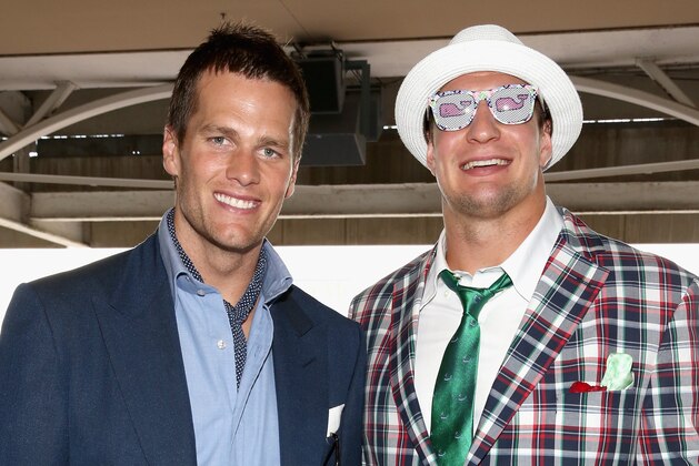 LOUISVILLE, KY - MAY 02:  NFL players Tom Brady (L) and Rob Gronkowski attend the 141st Kentucky Derby at Churchill Downs on May 2, 2015 in Louisville, Kentucky.  (Photo by Robin Marchant/Getty Images for Churchill Downs)