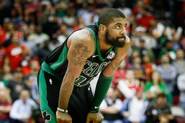 HOUSTON, TX - MARCH 03:   Kyrie Irving #11 of the Boston Celtics at Toyota Center on March 3, 2018 in Houston, Texas. NOTE TO USER: User expressly acknowledges and agrees that, by downloading and or using this photograph, User is consenting to the terms and conditions of the Getty Images License Agreement.  (Photo by Bob Levey/Getty Images)