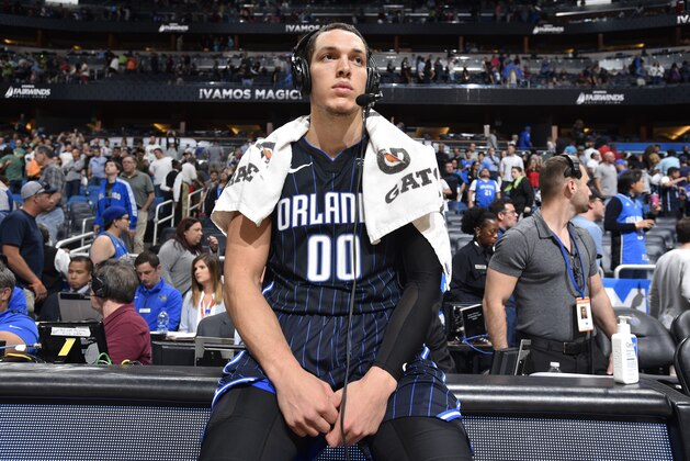 ORLANDO, FL - MARCH 2: Aaron Gordon #00 of the Orlando Magic speaks to media after game against the Detroit Pistons on March 2, 2018 at Amway Center in Orlando, Florida. NOTE TO USER: User expressly acknowledges and agrees that, by downloading and or using this photograph, User is consenting to the terms and conditions of the Getty Images License Agreement. Mandatory Copyright Notice: Copyright 2018 NBAE (Photo by Fernando Medina/NBAE via Getty Images)