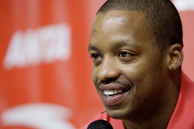 Houston Rockets' Steve Francis smiles during a news conference announcing an endorsement deal with ANTA Sports Products Limited, a company based in China, Wednesday, Oct. 17, 2007 in Houston. Franics is the company's first spokesperson from outside of China. (AP Photo/David J. Phillip)