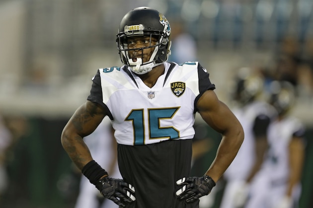 Jacksonville Jaguars wide receiver Allen Robinson warms up before an NFL preseason football game against the Carolina Panthers, Thursday, Aug. 24, 2017, in Jacksonville, Fla. (AP Photo/John Raoux)