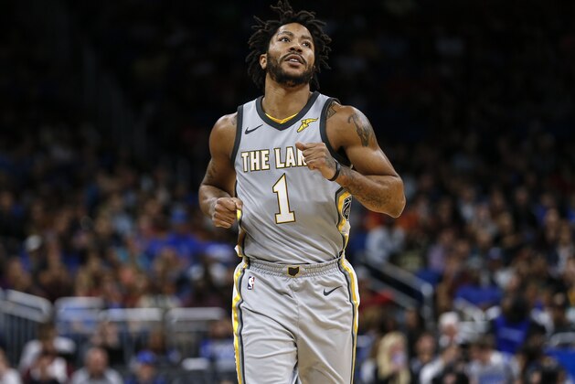 ORLANDO, FL - FEBRUARY 6: Derrick Rose #1 of the Cleveland Cavaliers during the game against the Orlando Magic at the Amway Center on February 6, 2018 in Orlando, Florida. The Magic defeated the Cavaliers 116 to 98. NOTE TO USER: User expressly acknowledges and agrees that, by downloading and or using this photograph, User is consenting to the terms and conditions of the Getty Images License Agreement. (Photo by Don Juan Moore/Getty Images)