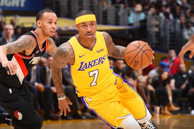 LOS ANGELES, CA - MARCH 5: Isaiah Thomas #7 of the Los Angeles Lakers handles the ball against the Portland Trail Blazers on March 5, 2018 at STAPLES Center in Los Angeles, California. NOTE TO USER: User expressly acknowledges and agrees that, by downloading and/or using this Photograph, user is consenting to the terms and conditions of the Getty Images License Agreement. Mandatory Copyright Notice: Copyright 2018 NBAE (Photo by Andrew D. Bernstein/NBAE via Getty Images)
