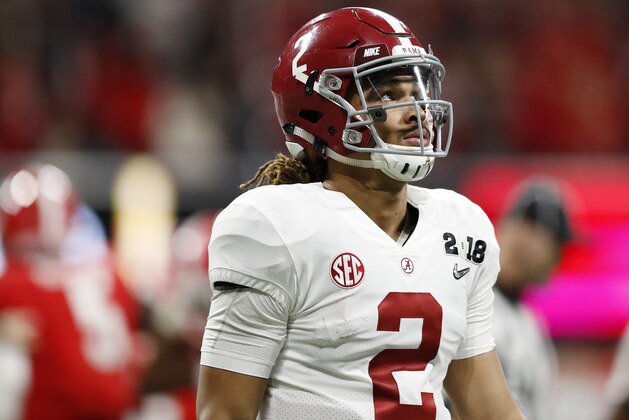 Alabama's Jalen Hurts looks up during the first half of the NCAA college football playoff championship game against Georgia, Monday, Jan. 8, 2018, in Atlanta. (AP Photo/David Goldman)